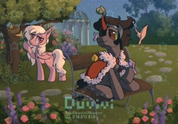 Size: 2048x1431 | Tagged: safe, artist:duvivi, king sombra, oc, oc:coloured glaze rose, bat pony, bird, butterfly, pony, umbrum, unicorn, g4, bat pony oc, bench, bird nest, butterfly on nose, canon x oc, cape, clothes, duo, flower, garden, gay, gazebo, horn, insect on nose, looking at each other, looking at someone, male, nest, raised hoof, shipping, sitting, smiling, sombrose, stallion, tree, wavy mouth