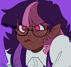 Size: 1716x1624 | Tagged: safe, artist:channydraws, twilight sparkle, human, g4, bust, dark skin, elf ears, female, freckles, frown, glasses, grumpy, humanized, purple background, simple background, solo, starry eyes, wingding eyes