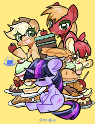 Size: 1000x1300 | Tagged: safe, alternate version, artist:hedgehog29271, apple bloom, applejack, big macintosh, twilight sparkle, earth pony, pony, friendship is magic, g4, apple, apple family member, apple siblings, apple sisters, blushing, brother and sister, cake, candy apple, eyes closed, female, filly, foal, food, male, mare, one eye closed, open mouth, pastries, pie, plate, puffy cheeks, siblings, simple background, sisters, smiling, stallion, sweat, sweatdrop, wink, yellow background