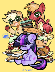 Size: 1000x1300 | Tagged: safe, artist:hedgehog29271, apple bloom, applejack, big macintosh, twilight sparkle, earth pony, pony, unicorn, friendship is magic, g4, apple, apple family member, apple siblings, apple sisters, black outlines, blushing, brother and sister, cake, candy apple, eyes closed, female, filly, foal, food, horn, male, mare, one eye closed, open mouth, pastries, pie, plate, puffy cheeks, siblings, simple background, sisters, smiling, stallion, sweat, sweatdrop, wink, yellow background