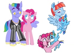 Size: 1337x1001 | Tagged: safe, artist:partyponypower, bow hothoof, pinkie pie, rainbow dash, windy whistles, earth pony, pegasus, pony, g4, alternate hairstyle, alternate universe, aunt and nephew, blue coat, blue eyes, carrying, clothes, colored eyebrows, colored pinnae, colored sketch, empty eyes, female, filly, filly rainbow dash, foal, frown, group, height difference, hug, lidded eyes, looking at each other, looking at someone, male, mare, missing cutie mark, multicolored hair, multicolored mane, multicolored tail, no catchlights, one wing out, open mouth, open smile, pink eyes, quartet, rainbow hair, rainbow tail, referee, short mane, short tail, simple background, sketch, smiling, smiling at each other, spread wings, stallion, tail, two toned mane, wall of tags, white background, winghug, wings, yellow eyes, younger