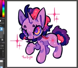 Size: 955x828 | Tagged: safe, artist:yuch42023, twilight sparkle, pony, unicorn, g4, alternate eye color, alternate hairstyle, art program in frame, big ears, big eyes, chibi, colored eyebrows, colored pinnae, colored pupils, female, horn, mare, medibang paint, multicolored eyes, multicolored mane, multicolored tail, obtrusive watermark, pink text, raised eyebrows, raised hoof, shiny coat, short mane, short mane twilight sparkle, smiling, solo, sparkles, sparkly mane, sparkly tail, standing, tail, text, toy interpretation, unicorn horn, unicorn twilight, watermark
