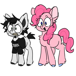 Size: 1280x1280 | Tagged: safe, artist:b1ng0, pinkie pie, earth pony, pony, g4, angry, big ears, clothes, colored hooves, colt, crossover, dan vs, eye clipping through hair, eyebrows, eyebrows visible through hair, facial hair, female, foal, goatee, green eyes, gritted teeth, height difference, male, mare, messy mane, ponified, raised eyebrows, shirt, short tail, simple background, stubble, t-shirt, tail, teeth, white background