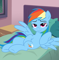 Size: 2351x2410 | Tagged: safe, artist:shieldwingarmorofgod, rainbow dash, pegasus, g4, bed, bedroom, bedroom eyes, draw me like one of your french girls, female, solo