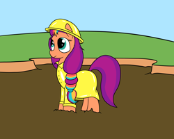 Size: 2000x1600 | Tagged: safe, artist:amateur-draw, sunny starscout, earth pony, g5, female, hat, mare, pvc, raincoat, simple background, solo, standing, wet and messy