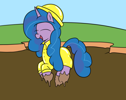 Size: 2000x1600 | Tagged: safe, artist:amateur-draw, izzy moonbow, unicorn, g5, female, hat, horn, jumping, mare, mud, playful, playing, pvc, raincoat, solo, wet and messy