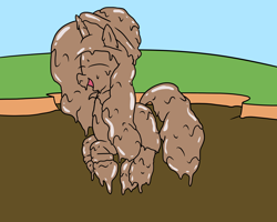 Size: 2000x1600 | Tagged: safe, artist:amateur-draw, izzy moonbow, unicorn, g5, covered in mud, female, hat, horn, jumping, mare, mud, mud bath, muddy, playful, playing, pvc, raincoat, solo, wet and messy
