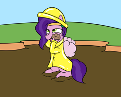 Size: 2000x1600 | Tagged: safe, artist:amateur-draw, pipp petals, pegasus, g5, female, hat, mare, mud, pvc, raincoat, simple background, solo, solo female, wet and messy, wings