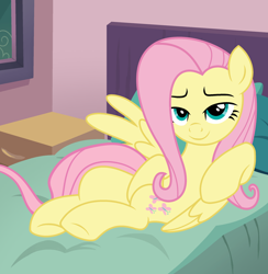 Size: 2352x2410 | Tagged: safe, artist:shieldwingarmorofgod, fluttershy, pegasus, g4, bed, bedroom eyes, draw me like one of your french girls, female, sexy, smiling, solo, stupid sexy fluttershy