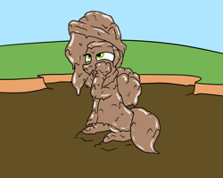 Size: 2000x1600 | Tagged: safe, artist:amateur-draw, pipp petals, pegasus, g5, covered in mud, female, hat, mare, mud, mud bath, muddy, muddy pipp, pvc, raincoat, simple background, solo, wet and messy, wings