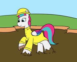 Size: 2000x1600 | Tagged: safe, artist:amateur-draw, zipp storm, pegasus, g5, female, hat, mare, mud, pvc, raincoat, solo, solo female, wet and messy, wings