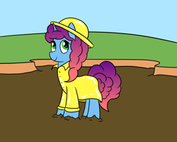 Size: 2000x1600 | Tagged: safe, artist:amateur-draw, misty brightdawn, unicorn, g5, covered in mud, female, hat, horn, mare, mud, pvc, raincoat, solo, wet and messy