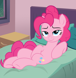 Size: 2374x2410 | Tagged: safe, artist:shieldwingarmorofgod, pinkie pie, earth pony, g4, bed, bedroom, bedroom eyes, draw me like one of your french girls, female, sexy, smiling, solo, stupid sexy pinkie