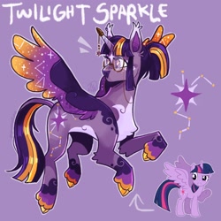 Size: 2048x2048 | Tagged: safe, artist:spoopdeedoop, twilight sparkle, alicorn, pony, g4, alternate color palette, alternate cutie mark, alternate design, alternate eye color, alternate hairstyle, alternate tailstyle, blushing, chest fluff, cloven hooves, coat markings, colored belly, colored eartips, colored fetlocks, colored hooves, colored horn, colored muzzle, colored pinnae, colored wings, colored wingtips, concave belly, ear fluff, eyelashes, facial markings, female, flying, freckles, frown, glasses, gold hooves, hair accessory, high res, hooves, horn, horn cap, horn jewelry, jewelry, leg fluff, leonine tail, long mane, long tail, looking away, mare, multicolored mane, multicolored tail, multicolored wings, outline, pale belly, ponytail, purple background, purple coat, raised hoof, redesign, round glasses, shiny hooves, shiny mane, shiny tail, signature, simple background, socks (coat markings), solo, spread wings, star (coat marking), starry wings, tail, tall ears, text, tied mane, turned head, twilight sparkle (alicorn), two toned eyes, unicorn horn, unshorn fetlocks, wall of tags, wing fluff, wings