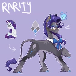 Size: 2048x2048 | Tagged: safe, artist:spoopdeedoop, part of a set, rarity, pony, unicorn, g4, alternate color palette, alternate cutie mark, alternate tailstyle, blue eyes, blushing, coat markings, colored belly, colored ear fluff, colored ears, colored fetlocks, colored hooves, colored horn, colored muzzle, colored pinnae, curly mane, curly tail, curved horn, cutie mark eyes, dorsal stripe, ear fluff, ear piercing, earring, emanata, facial markings, female, fetlock tuft, glasses, glasses chain, glowing, glowing horn, gray coat, high res, horn, horn jewelry, horn ring, jewelry, leonine tail, long mane, long tail, looking back, magic, mare, mealy mouth (coat marking), neck bow, outline, pale belly, piercing, purple mane, purple tail, raised hoof, redesign, ring, shiny hooves, shiny mane, shiny tail, signature, smiling, solo, standing, star (coat marking), tail, tail fluff, tall ears, text, unshorn fetlocks, wall of tags, wingding eyes