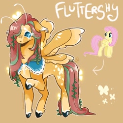 Size: 2048x2048 | Tagged: safe, artist:spoopdeedoop, part of a set, fluttershy, butterfly, original species, pegasus, pony, g4, alternate color palette, alternate cutie mark, alternate design, alternate eye color, alternate hair color, alternate tail color, antennae, blaze (coat marking), blue eyes, blue sclera, brown background, cloven hooves, coat markings, colored belly, colored eartips, colored eyebrows, colored eyelashes, colored fetlocks, colored hooves, colored muzzle, colored pupils, colored sclera, colored wings, colored wingtips, concave belly, cutie mark eyes, ear tufts, ears back, eye clipping through hair, facial markings, female, fetlock tuft, floppy ears, four wings, high res, leaves in mane, leaves in tail, long legs, long mane, long neck, long tail, looking back, mare, multiple wings, no mouth, outline, pale belly, race swap, raised hoof, redesign, shawl, shiny hooves, shiny mane, shiny tail, signature, simple background, socks (coat markings), solo, spread wings, standing, straight mane, straight tail, tail, tallershy, text, thin legs, two toned wings, wall of tags, wingding eyes, wings, yellow coat