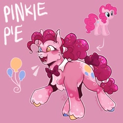 Size: 2048x2048 | Tagged: safe, artist:spoopdeedoop, part of a set, pinkie pie, earth pony, pony, g4, alternate accessories, alternate color palette, alternate design, alternate hairstyle, alternate tailstyle, beanbrows, blushing, bow, bucktooth, cheek fluff, chest fluff, coat markings, colored belly, colored eartips, colored eyebrows, colored fetlocks, colored hooves, colored muzzle, colored pinnae, curly mane, curly tail, cutie mark eyes, ear fluff, emanata, eyebrows, eyelashes, female, heart tongue, heterochromia, high res, hooves, mare, multicolored hooves, neck bow, open mouth, open smile, outline, pale belly, pink background, pink coat, ponytail, raised hoof, raised leg, redesign, shiny hooves, signature, simple background, smiling, socks (coat markings), solo, standing, tail, tail bow, tall ears, teeth, text, tied mane, tied tail, tongue out, unshorn fetlocks, wall of tags, wingding eyes