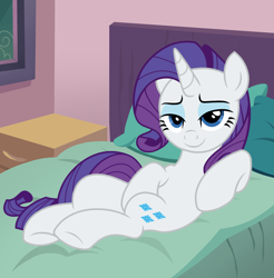 Size: 2374x2410 | Tagged: safe, artist:shieldwingarmorofgod, rarity, unicorn, g4, bed, bedroom eyes, draw me like one of your french girls, eyeshadow, female, horn, makeup, sexy, smiling, solo, stupid sexy rarity