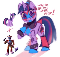 Size: 400x378 | Tagged: safe, artist:crees-a, twilight sparkle, alicorn, pony, robot, robot pony, unicorn, g4, animatronic, bow, bowtie, crossover, ear piercing, female, five nights at freddy's, five nights at freddy's: security breach, freddy fazbear, fusion, glam rock, glamrock freddy, hat, horn, looking at you, male, mare, microphone, piercing, ponified, pose, purple coat, purple mane, roboticization, rockstar, signature, simple background, smiling, solo, speech bubble, stallion, tail, tail bow, title card, twilight sparkle (alicorn), two toned mane, two toned tail, unshorn fetlocks, video game crossover, white background