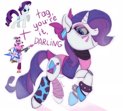 Size: 2048x1852 | Tagged: safe, artist:crees-a, rarity, pony, robot, robot pony, unicorn, animatronic, bow, chica, combine, crossover, ear piercing, five nights at freddy's, five nights at freddy's: security breach, glam rock, guitar, hair bow, horn, looking at you, musical instrument, piercing, ponified, pose, purple mane, roboticization, rockstar, smiling, tail, tail bow, two toned mane, unshorn fetlocks, video game crossover, white coat