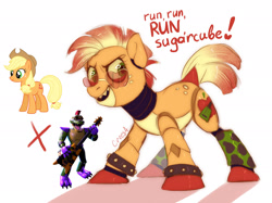 Size: 2048x1535 | Tagged: safe, artist:crees-a, applejack, alligator, crocodile, pony, robot, robot pony, animatronic, applejack's hat, bow, bowtie, combine, cowboy hat, crossover, electric guitar, five nights at freddy's, five nights at freddy's: security breach, glam rock, guitar, hat, looking at you, montgomery gator, musical instrument, ponified, pose, purple mane, roboticization, rockstar, smiling, speech bubble, tail, tail bow, title card, two toned mane, unshorn fetlocks, video game crossover, white coat