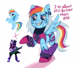 Size: 2048x1833 | Tagged: safe, artist:crees-a, rainbow dash, pony, robot, robot pony, animatronic, blue coat, bow, bowtie, choker, combine, crossover, ear piercing, electric guitar, five nights at freddy's, five nights at freddy's: security breach, fluffy, glam rock, guitar, looking at you, multicolored hair, multicolored tail, musical instrument, piercing, ponified, pose, purple mane, roboticization, rockstar, roxanne wolf, smiling, speech bubble, tail, tail bow, title card, unshorn fetlocks, video game crossover