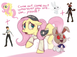 Size: 2048x1535 | Tagged: safe, artist:crees-a, fluttershy, human, pegasus, pony, robot, robot pony, animal costume, animatronic, bow, bunny costume, clothes, combine, costume, creepy, crossover, cyan eyes, five nights at freddy's, five nights at freddy's: security breach, flashlight (object), half-life, hat, looking at you, pink mane, ponified, red eyes, roboticization, rockstar, scared, smiling, spread wings, stars, sunrise, tail, tail bow, unshorn fetlocks, vanny, video game crossover, wings, wings down, yellow coat