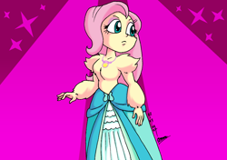 Size: 1646x1158 | Tagged: safe, artist:tmntsam, fluttershy, human, equestria girls, g4, alternate universe, chest fluff, clothes, dress, female, fur, furry human, magenta background, nudity, partial nudity, solo, topless