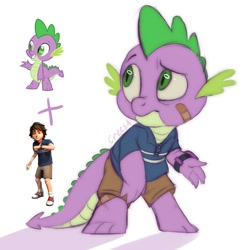Size: 1983x2000 | Tagged: safe, artist:crees-a, spike, dragon, human, g4, bandage, child, clothes, crossover, five nights at freddy's, five nights at freddy's: security breach, fusion, pants, pose, purple skin, shirt, signature, vector, video game crossover, watch, worried