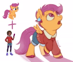 Size: 2048x1719 | Tagged: safe, artist:crees-a, scootaloo, human, pegasus, g4, child, clothes, crossover, ear piercing, five nights at freddy's, five nights at freddy's: security breach, fusion, looking up, orange coat, pants, piercing, pose, purple mane, shirt, signature, surprised, unshorn fetlocks, vector, video game crossover, wondering, worried