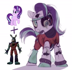 Size: 2048x1993 | Tagged: safe, artist:crees-a, starlight glimmer, pony, robot, robot pony, unicorn, g4, animatronic, bonnie (fnaf), broken, creepy, crossover, female, five nights at freddy's, five nights at freddy's: security breach, fusion, glam rock, horn, looking at you, male, mare, messy mane, messy tail, missing horn, open mouth, purple coat, roboticization, ruined, signature, simple background, smiling, solo, standing, tail, two toned mane, two toned tail, white background, withered
