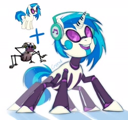 Size: 2048x1929 | Tagged: safe, artist:crees-a, dj pon-3, vinyl scratch, monster pony, original species, pony, robot, robot pony, spider, spiderpony, unicorn, g4, animatronic, combine, crossover, eight legs, female, five nights at freddy's, five nights at freddy's: security breach, giant pony, glasses, half-life, headphones, horn, looking up, macro, male, mare, music man, music notes, musical instrument, piano, pose, roboticization, signature, smiling, tail, two toned mane, two toned tail, vector, white coat