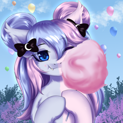 Size: 2000x2000 | Tagged: safe, artist:alunedoodle, oc, oc only, oc:candi, bat pony, pony, balloon, bust, cotton candy, cute, eating, female, one eye closed, portrait, solo, two toned mane, wink