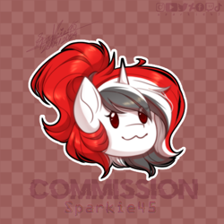 Size: 433x433 | Tagged: safe, artist:sparkie45, oc, oc only, oc:red rocket, pony, unicorn, checkered background, chibi, commission, headshot commission, horn, solo, ych example, ych result, your character here