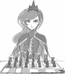 Size: 882x1000 | Tagged: safe, alternate version, artist:johnjoseco, princess luna, human, g4, cape, chess, clothes, female, grayscale, humanized, looking at you, military uniform, monochrome, photoshop, solo, thinking, uniform, warrior luna