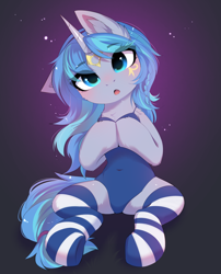 Size: 2927x3615 | Tagged: safe, alternate version, artist:empress-twilight, oc, oc only, oc:cork, pony, unicorn, belly, belly button, blushing, chest fluff, clothes, dark skin, egyptian, female, greek, high res, horn, leotard, mare, socks, solo, stockings, striped socks, thigh highs