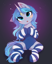 Size: 2927x3615 | Tagged: safe, alternate character, alternate version, artist:empress-twilight, oc, oc only, oc:cork, pony, unicorn, belly, belly button, blushing, chest fluff, clothes, dark skin, egyptian, female, greek, high res, horn, leotard, mare, socks, solo, stockings, striped socks, thigh highs