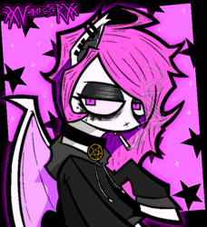 Size: 1216x1332 | Tagged: safe, artist:xxv4mp_g4z3rxx, oc, oc only, oc:faded lights, bat pony, pony, bat pony oc, choker, cigarette, clothes, coat markings, ear piercing, eyeliner, eyeshadow, fangs, hoodie, makeup, pentagram, piercing, pink background, pink eyes, pink mane, signature, simple background, slit pupils, smoking, solo, spread wings, stars, white coat, wings