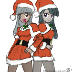 Size: 1280x1280 | Tagged: safe, artist:johnjoseco, limestone pie, marble pie, human, g4, christmas, clothes, duo, female, hat, holiday, humanized, pantyhose, pie sisters, santa claus, santa hat, siblings, sisters