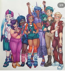 Size: 563x613 | Tagged: safe, artist:tonya_loveline, hitch trailblazer, izzy moonbow, misty brightdawn, pipp petals, sparky sparkeroni, sprout cloverleaf, sunny starscout, zipp storm, human, g5, adorapipp, beard, blue hair, blushing, bracelet, clothes, colored wings, crown, cute, cyan eyes, dark skin, diverse body types, diverse-mlp-headcanons, dragon tail, dragon wings, dress, ear piercing, elf ears, facial hair, fit, friendship bracelet, glowing, glowing horn, green hair, horn, horned humanization, human coloration, humanized, izzybetes, jacket, jewelry, jumpsuit, light skin, looking at each other, looking at someone, looking at you, mane five, mane six (g5), mane stripe sunny, mistybetes, moderate dark skin, multiple characters, pants, phone, piercing, purple hair, regalia, roller skates, short hair, shorts, simple background, skates, slender, smiling, smiling at each other, smiling at you, soccer shoes, socks, stars, sunnybetes, tail, tan skin, thin, two toned hair, two toned wings, white background, wing ears, winged humanization, wings