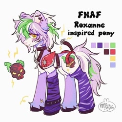 Size: 564x564 | Tagged: safe, artist:mickumacku, pony, better source needed, clothes, color palette, cutie mark, ear fluff, ear piercing, electricity, five nights at freddy's, five nights at freddy's: security breach, glam rock, lightning, looking at you, piercing, ponified, reference sheet, rockstar, roxanne wolf, signature, simple background, skull, socks, solo, striped socks, stripes, tail, title card, two toned mane, two toned tail, unshorn fetlocks, white background, yellow eyes