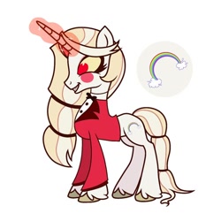 Size: 564x564 | Tagged: artist needed, safe, pony, unicorn, charlie morningstar, clothes, cutie mark, eyelashes, g4 style, glowing, glowing horn, hairband, hazbin hotel, horn, orange sclera, outfit, ponified, rainbow, red eyes, simple background, suit, unshorn fetlocks, white background, white coat, white mane