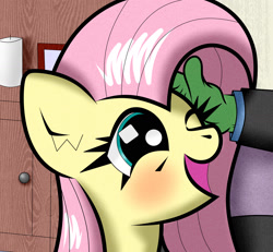 Size: 1977x1824 | Tagged: safe, artist:scandianon, fluttershy, oc, oc:anon, pegasus, pony, blushing, female, happy, indoors, mare, one eye closed, open mouth, open smile, petting, smiling