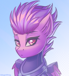 Size: 2000x2200 | Tagged: safe, artist:adagiostring, oc, oc only, oc:ambrosia flitfeather, pegasus, pony, fallout equestria, abstract background, armor, bust, commission, enclave, enclave armor, fanfic art, female, female oc, gradient background, headshot commission, looking at you, pegasus oc, portrait, solo