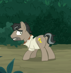 Size: 438x450 | Tagged: safe, screencap, doctor caballeron, earth pony, pony, daring doubt, animated, bush, butt, clothes, cropped, hiding, leaping, male, nope, plot, shirt, solo, stallion