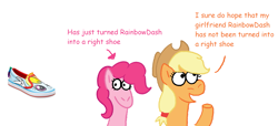 Size: 2501x1144 | Tagged: safe, artist:zoeyhorse, applejack, pinkie pie, rainbow dash, earth pony, pony, g4, clothes, dialogue, female, inanimate tf, lesbian, mare, merchandise, ship:appledash, shipping, shoes, simple background, text, transformation, trio, white background