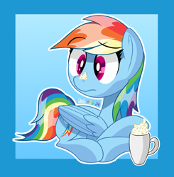 Size: 1897x1933 | Tagged: safe, artist:notadeliciouspotato, rainbow dash, pegasus, pony, g4, abstract background, chocolate, cup, female, folded wings, food, hot chocolate, lying down, mare, prone, solo, whipped cream, wings