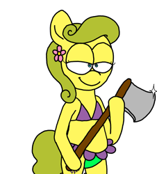 Size: 3023x3351 | Tagged: safe, artist:professorventurer, part of a set, oc, oc:bikini breeze, earth pony, pony, angry, angry smile, axe, bikini, bipedal, clothes, part 2, simple background, smiling, swimsuit, weapon, white background