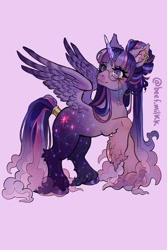 Size: 736x1104 | Tagged: safe, artist:beef.milkk, artist:beefsteak, twilight sparkle, alicorn, pony, g4, alternate cutie mark, alternate design, alternate hairstyle, braid, braided tail, constellation, constellation pony, ear fluff, ear piercing, eyelashes, feather, feathered wings, fetlock tuft, flowing mane, flowing tail, glasses, industrial piercing, leg fluff, piercing, purple coat, purple eyes, purple mane, raised hoof, redesign, signature, simple background, solo, spread wings, tail, two toned mane, two toned tail, unshorn fetlocks, wings