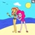 Size: 1500x1500 | Tagged: safe, artist:flippy1010, pinkie pie, sunset shimmer, bird, human, seagull, equestria girls, g4, beach, beach shorts swimsuit, clothes, duo, duo female, female, sand, sun, sunset shimmer's beach shorts swimsuit, swimsuit, tickling